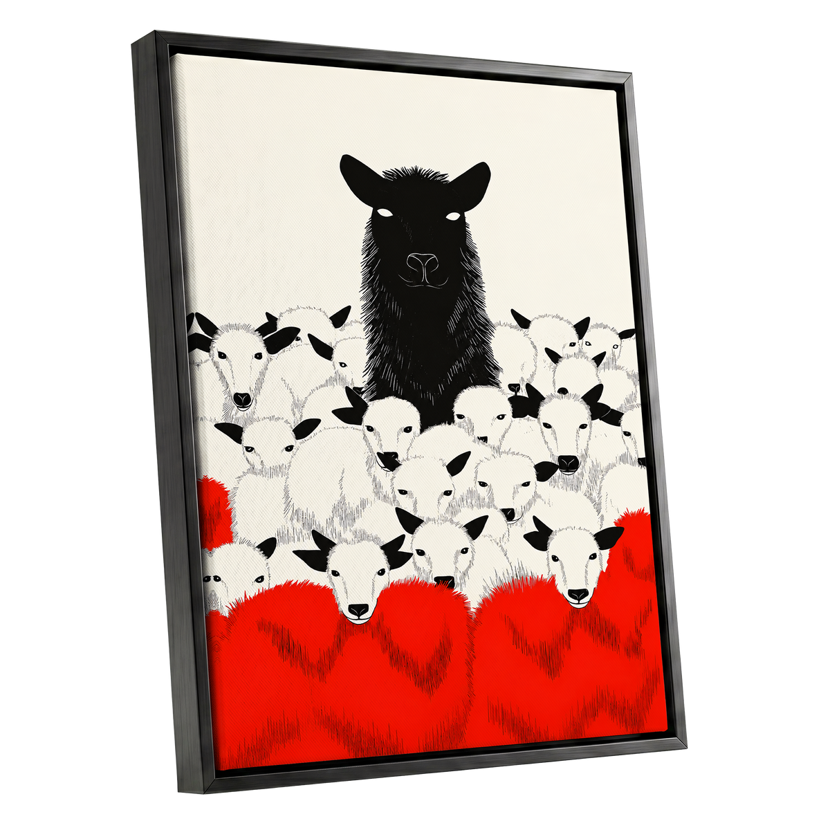 Crimson Flock, black, white, red nature wall art shown as a black framed canvas wall art