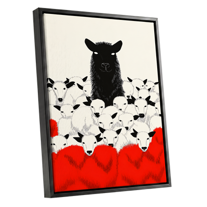 Crimson Flock, black, white, red nature wall art shown as a black framed canvas wall art