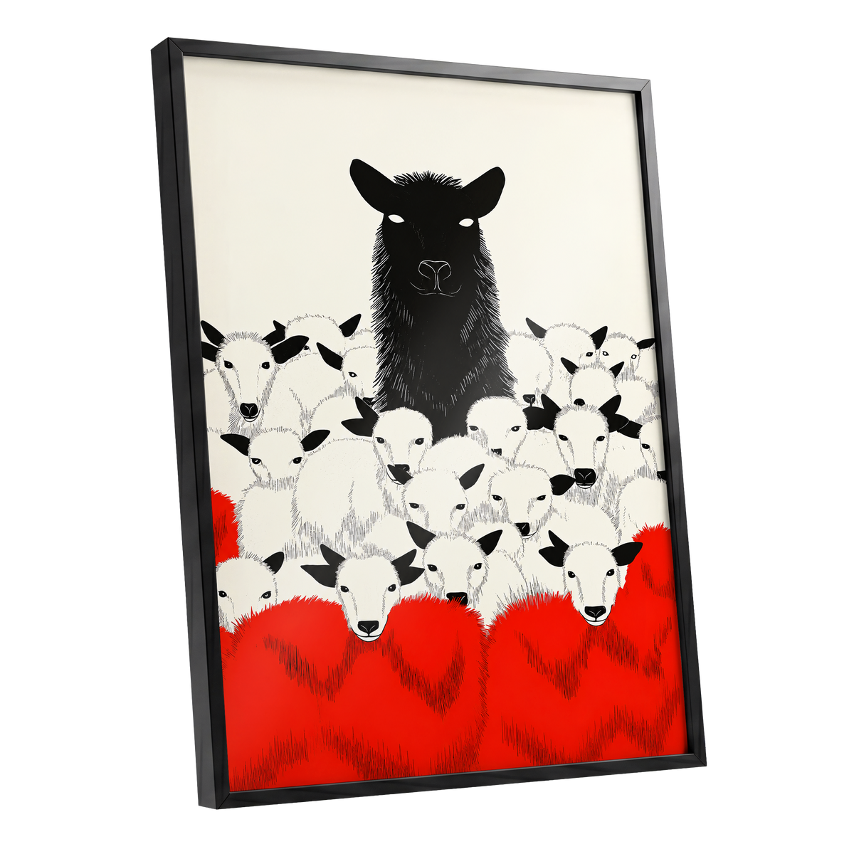 Crimson Flock, black, white, red nature wall art shown as a black framed poster wall art print