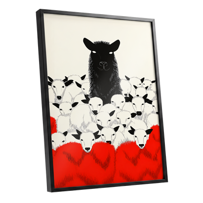 Crimson Flock, black, white, red nature wall art shown as a black framed poster wall art print