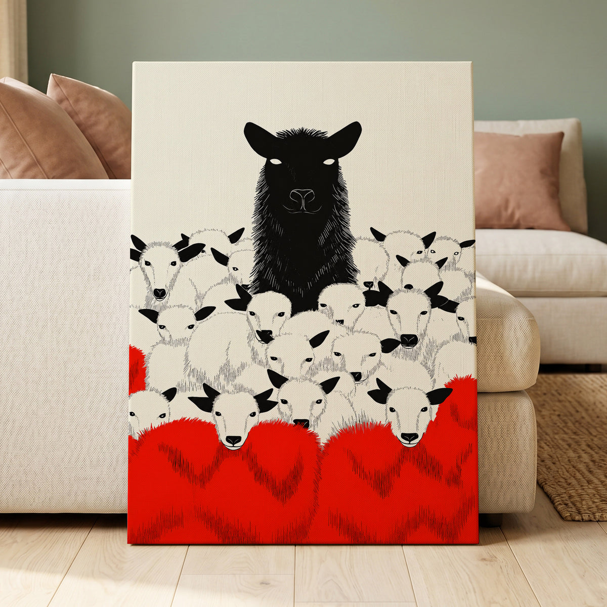 Crimson Flock, black, white, red nature wall art on canvas displayed in a styled interior, gallery view 1