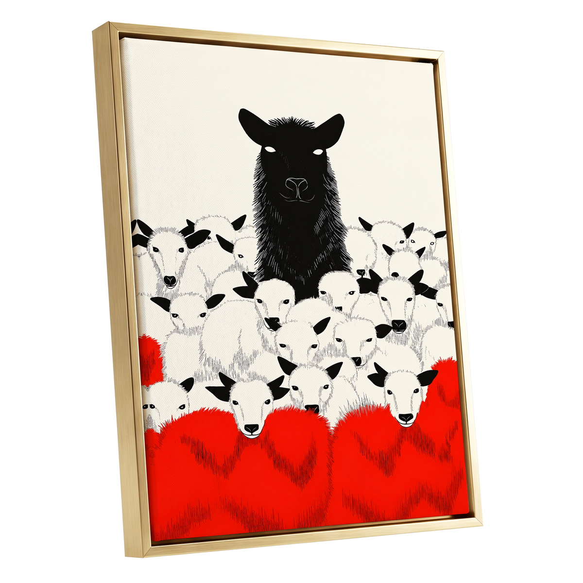 Crimson Flock, black, white, red nature wall art shown as a gold framed canvas wall art
