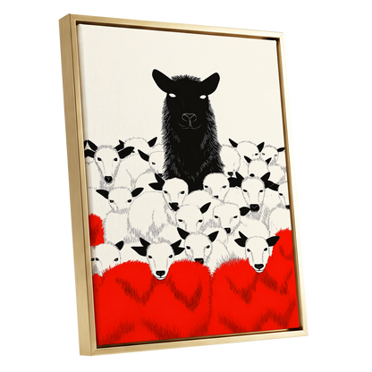 Crimson Flock, black, white, red nature wall art shown as a gold framed canvas wall art