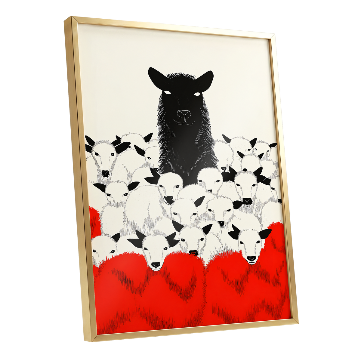Crimson Flock, black, white, red nature wall art shown as a gold framed poster wall art print