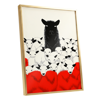 Crimson Flock, black, white, red nature wall art shown as a gold framed poster wall art print