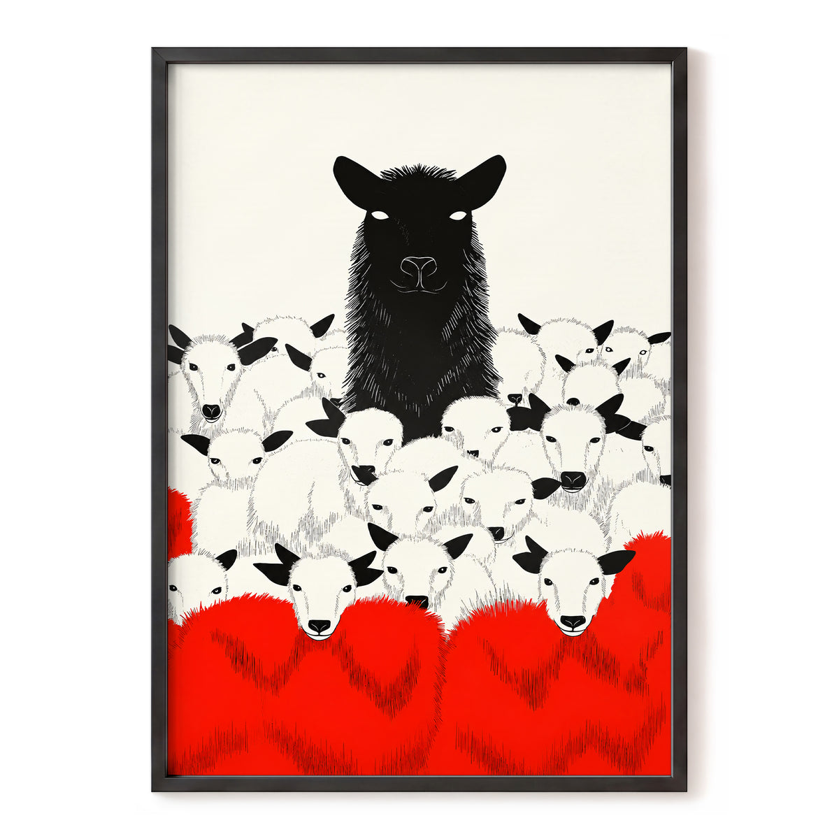 Crimson Flock, black, white, red nature wall art, front artwork view