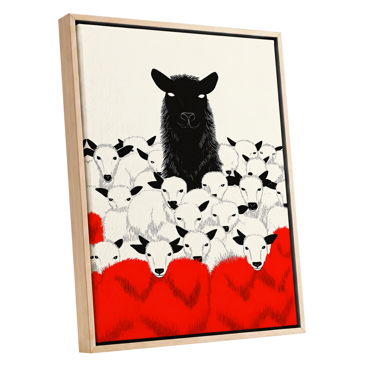 Crimson Flock, black, white, red nature wall art shown as a oak framed canvas wall art