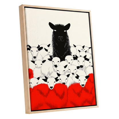 Crimson Flock, black, white, red nature wall art shown as a oak framed canvas wall art