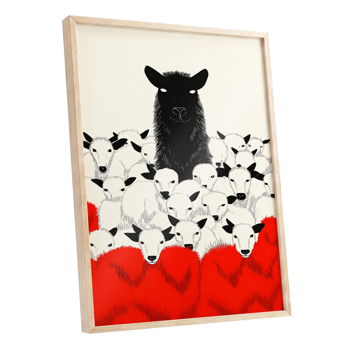 Crimson Flock, black, white, red nature wall art shown as a oak framed poster wall art print