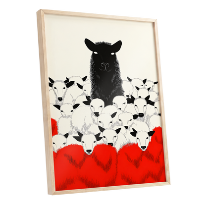 Crimson Flock, black, white, red nature wall art shown as a oak framed poster wall art print