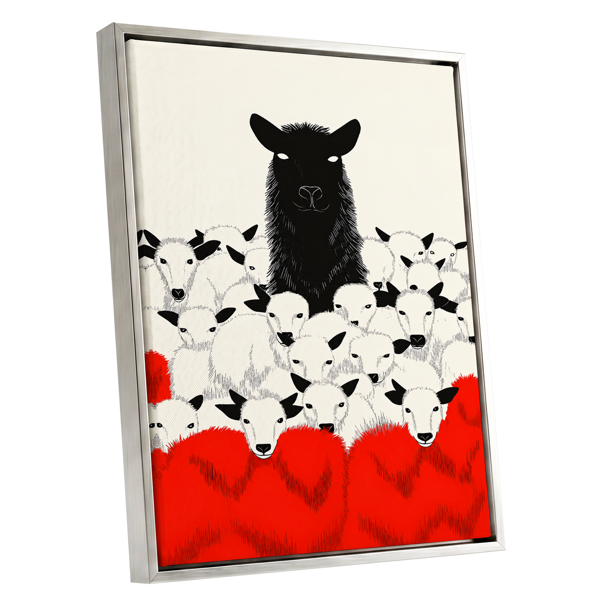Crimson Flock, black, white, red nature wall art shown as a silver framed canvas wall art