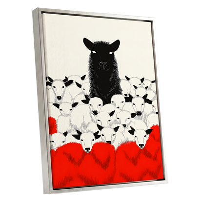 Crimson Flock, black, white, red nature wall art shown as a silver framed canvas wall art