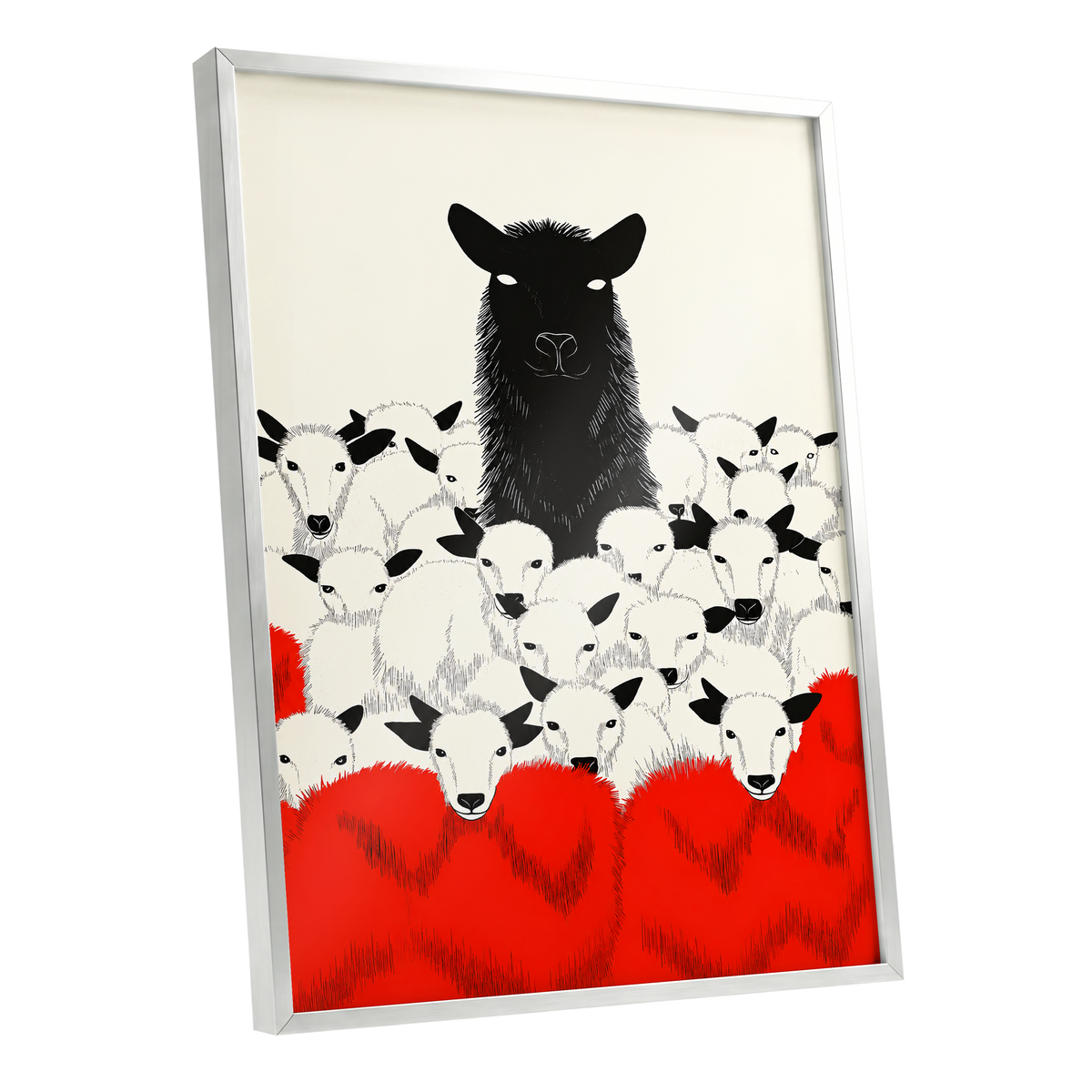 Crimson Flock, black, white, red nature wall art shown as a silver framed poster wall art print