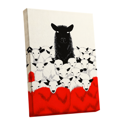 Crimson Flock, black, white, red nature wall art shown as a stretched canvas wall art