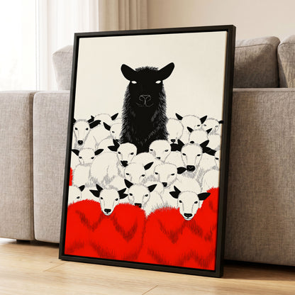 Crimson Flock, black, white, red nature wall art displayed in a styled interior, gallery view 1