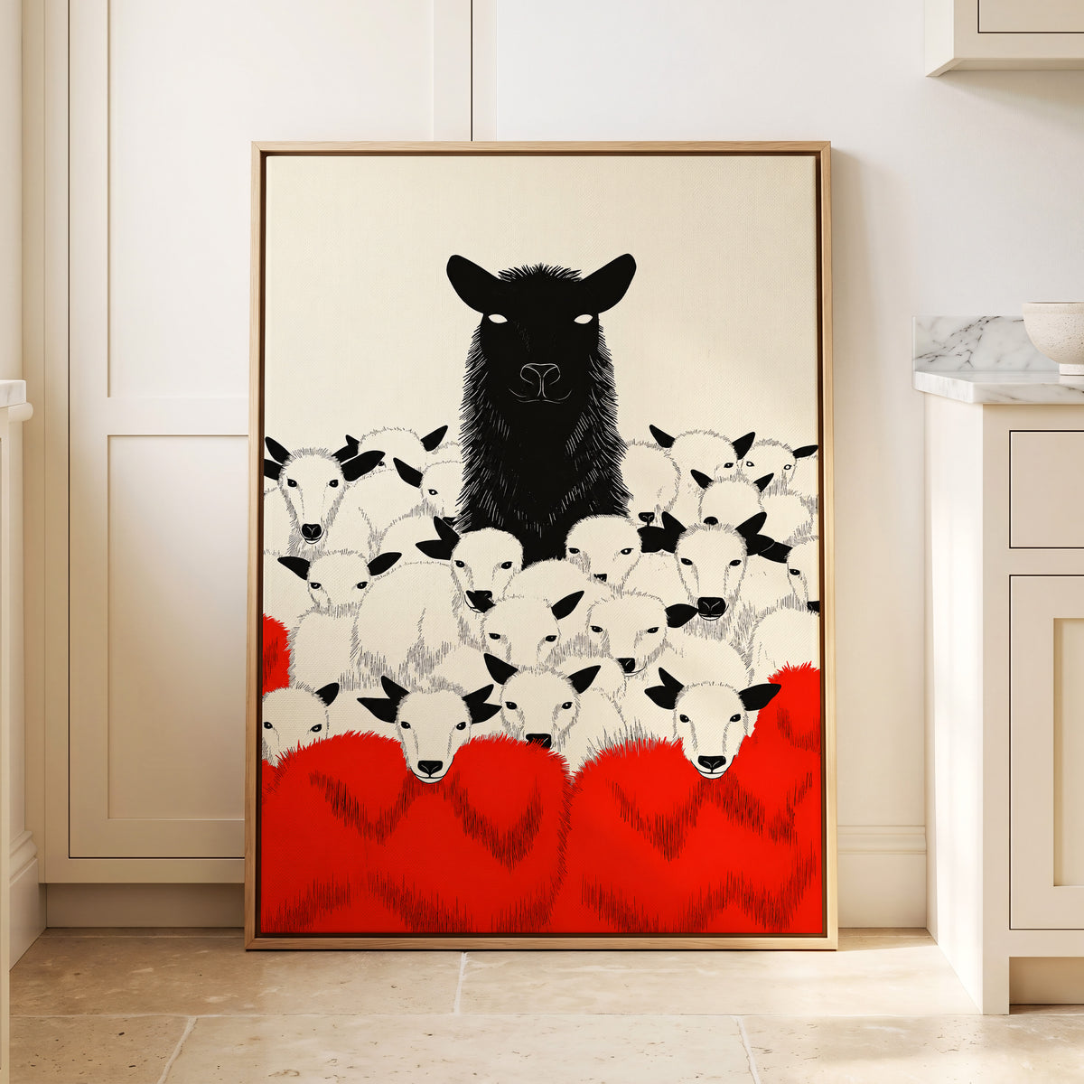Crimson Flock, black, white, red nature wall art displayed in a styled interior, gallery view 2