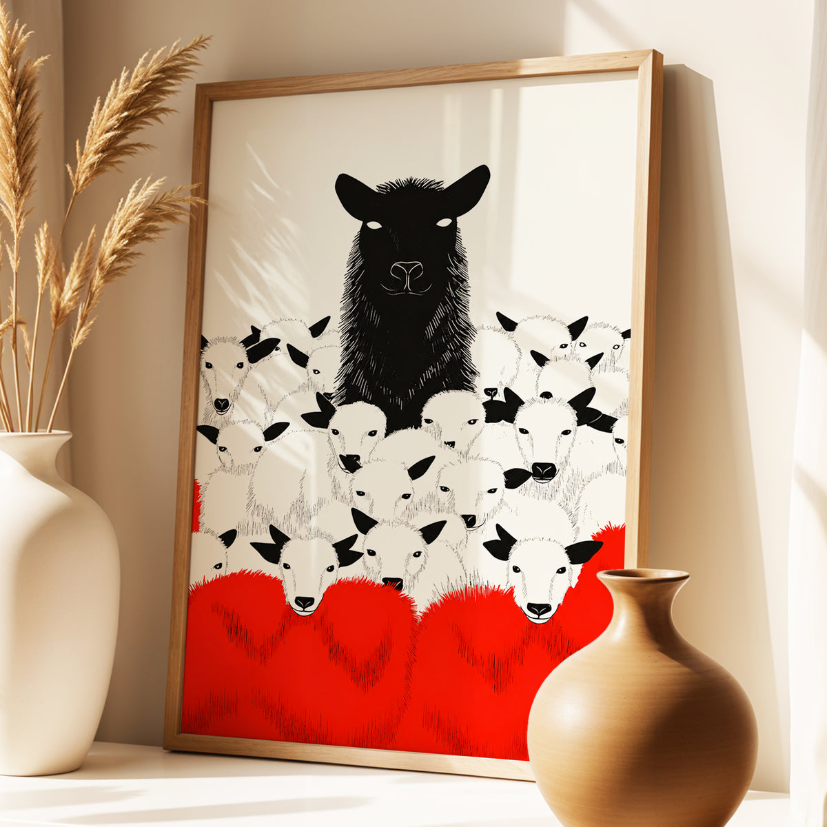 Crimson Flock, black, white, red nature wall art displayed in a styled interior, gallery view 4