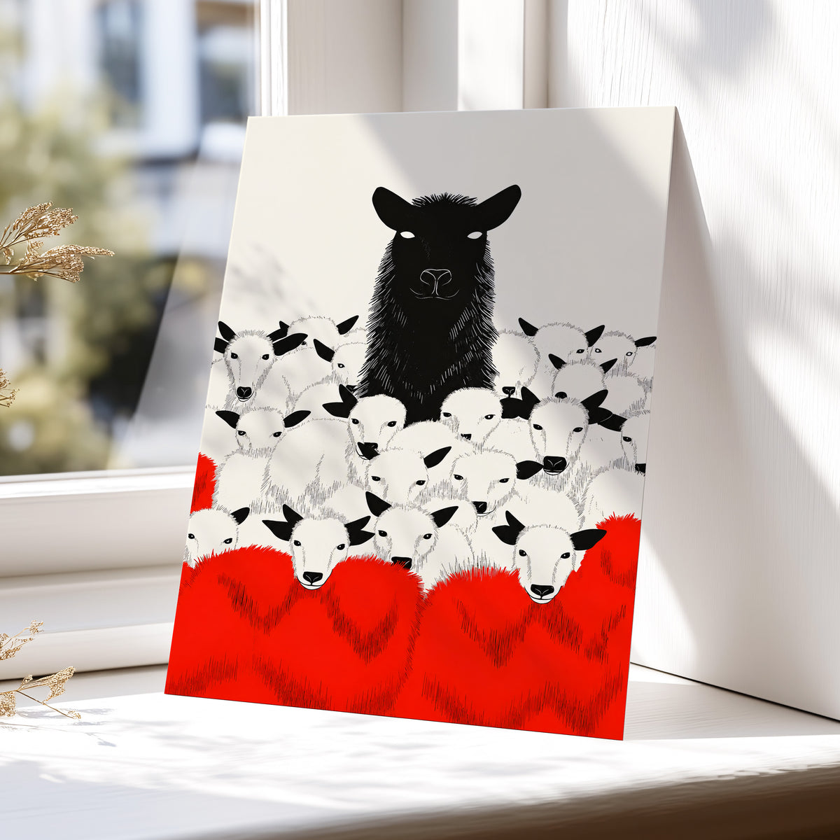 Crimson Flock, black, white, red nature wall art displayed in a styled interior, gallery view 5