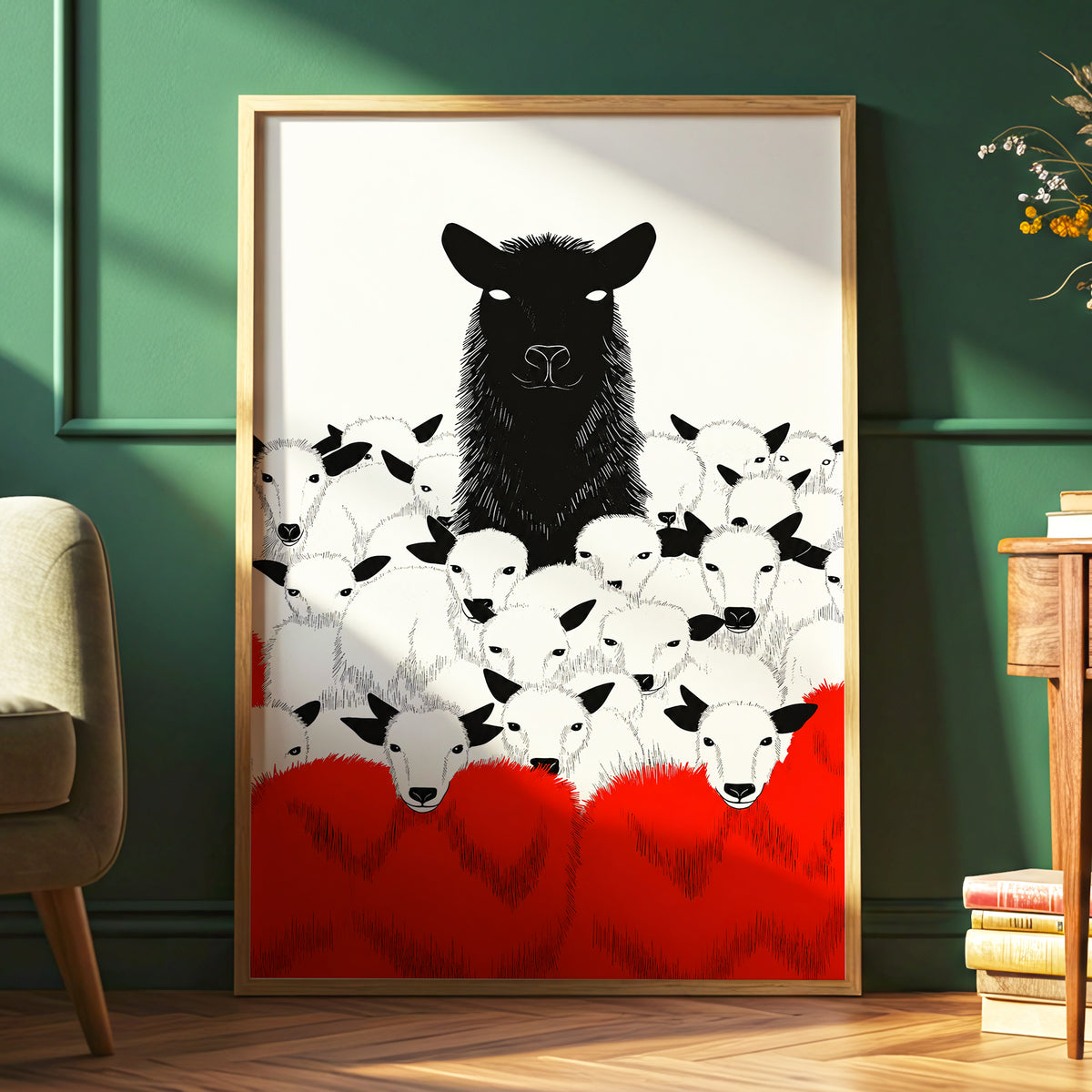Crimson Flock, black, white, red nature wall art displayed in a styled interior, gallery view 6