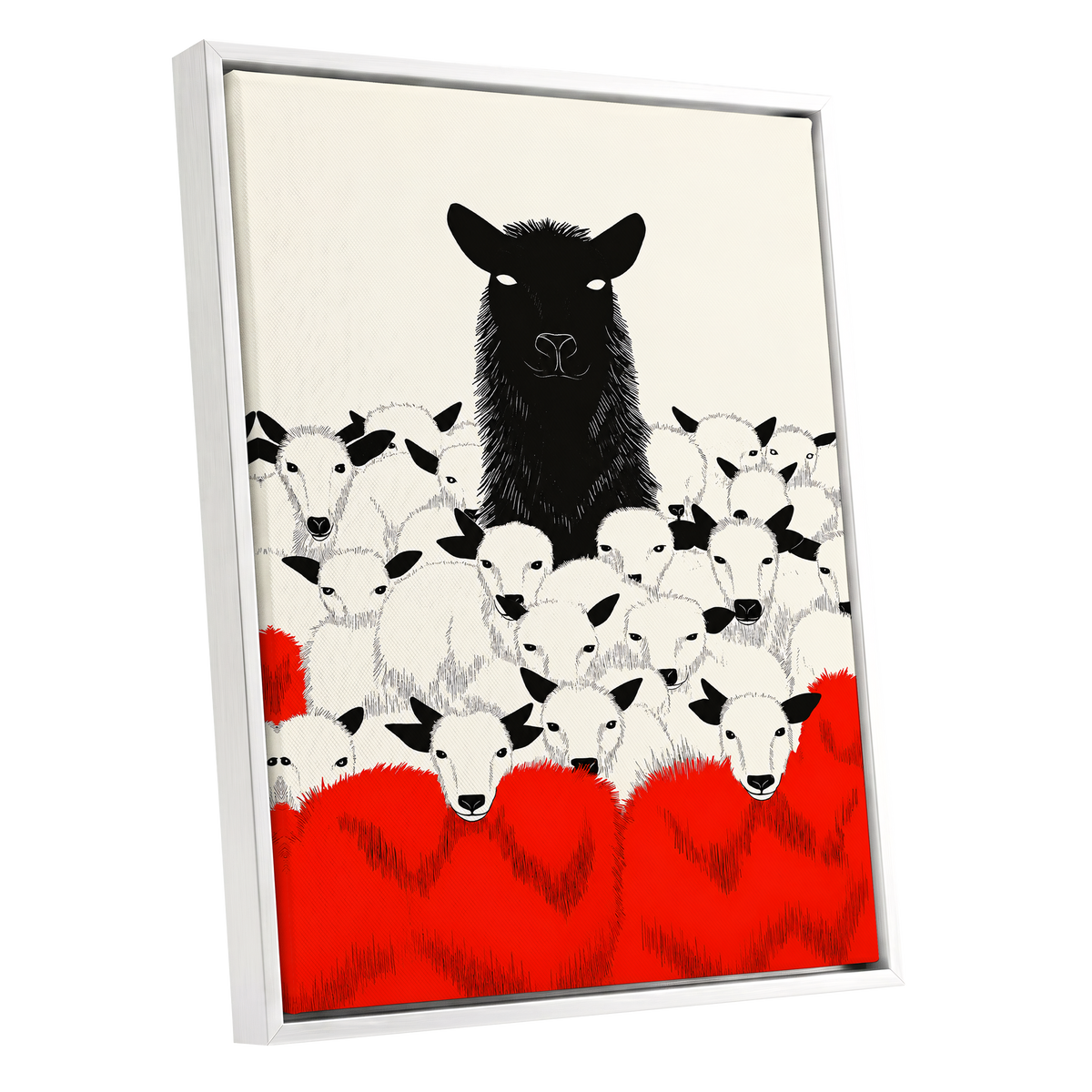 Crimson Flock, black, white, red nature wall art shown as a white framed canvas wall art