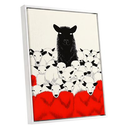 Crimson Flock, black, white, red nature wall art shown as a white framed canvas wall art