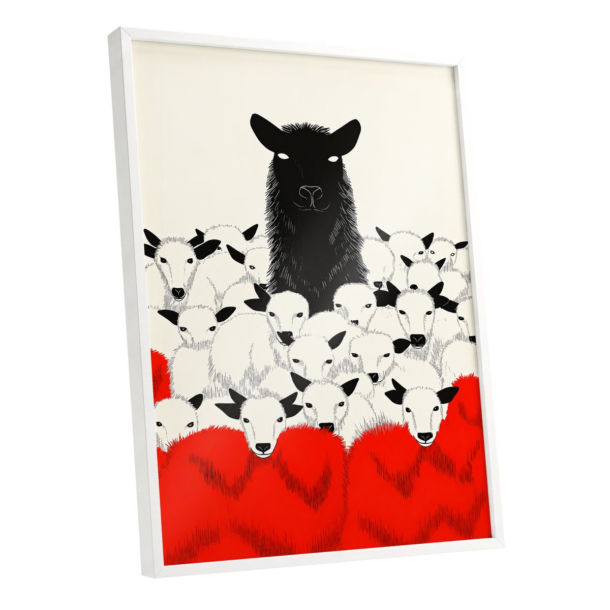 Crimson Flock, black, white, red nature wall art shown as a white framed poster wall art print