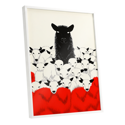 Crimson Flock, black, white, red nature wall art shown as a white framed poster wall art print