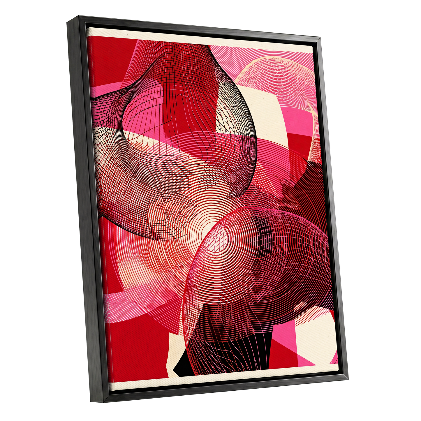 Crimson Frequencies, red, pink, black abstract wall art shown as a black framed canvas wall art
