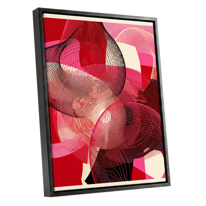 Crimson Frequencies, red, pink, black abstract wall art shown as a black framed canvas wall art