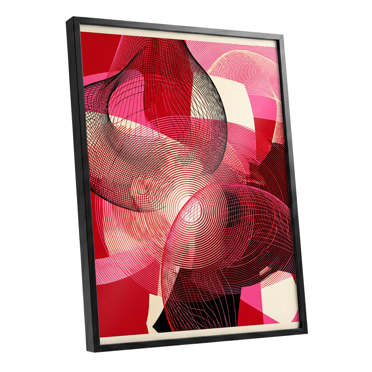 Crimson Frequencies, red, pink, black abstract wall art shown as a black framed poster wall art print