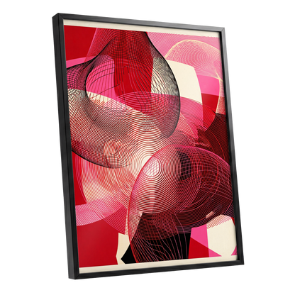 Crimson Frequencies, red, pink, black abstract wall art shown as a black framed poster wall art print
