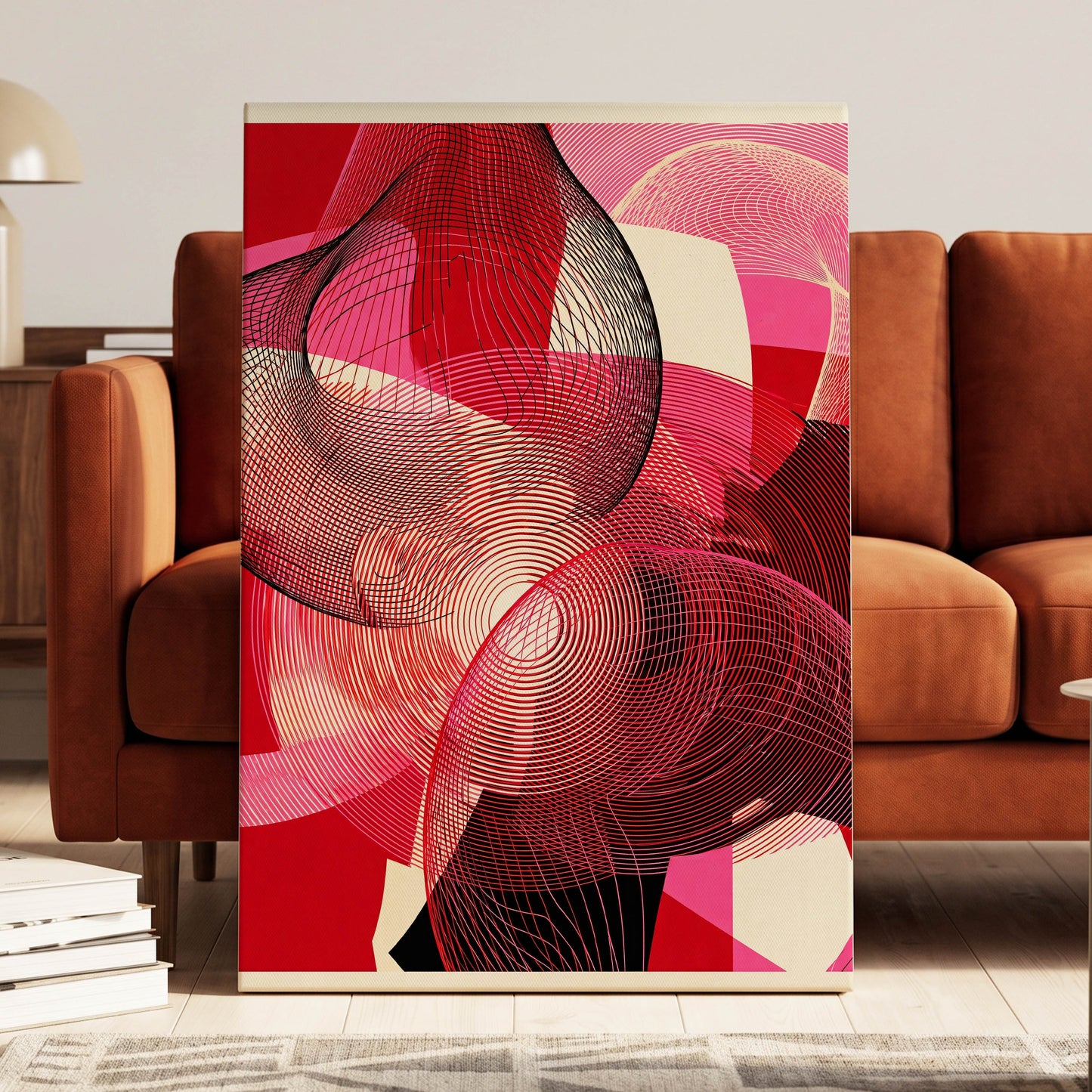 Crimson Frequencies, red, pink, black abstract wall art on canvas displayed in a styled interior, gallery view 1