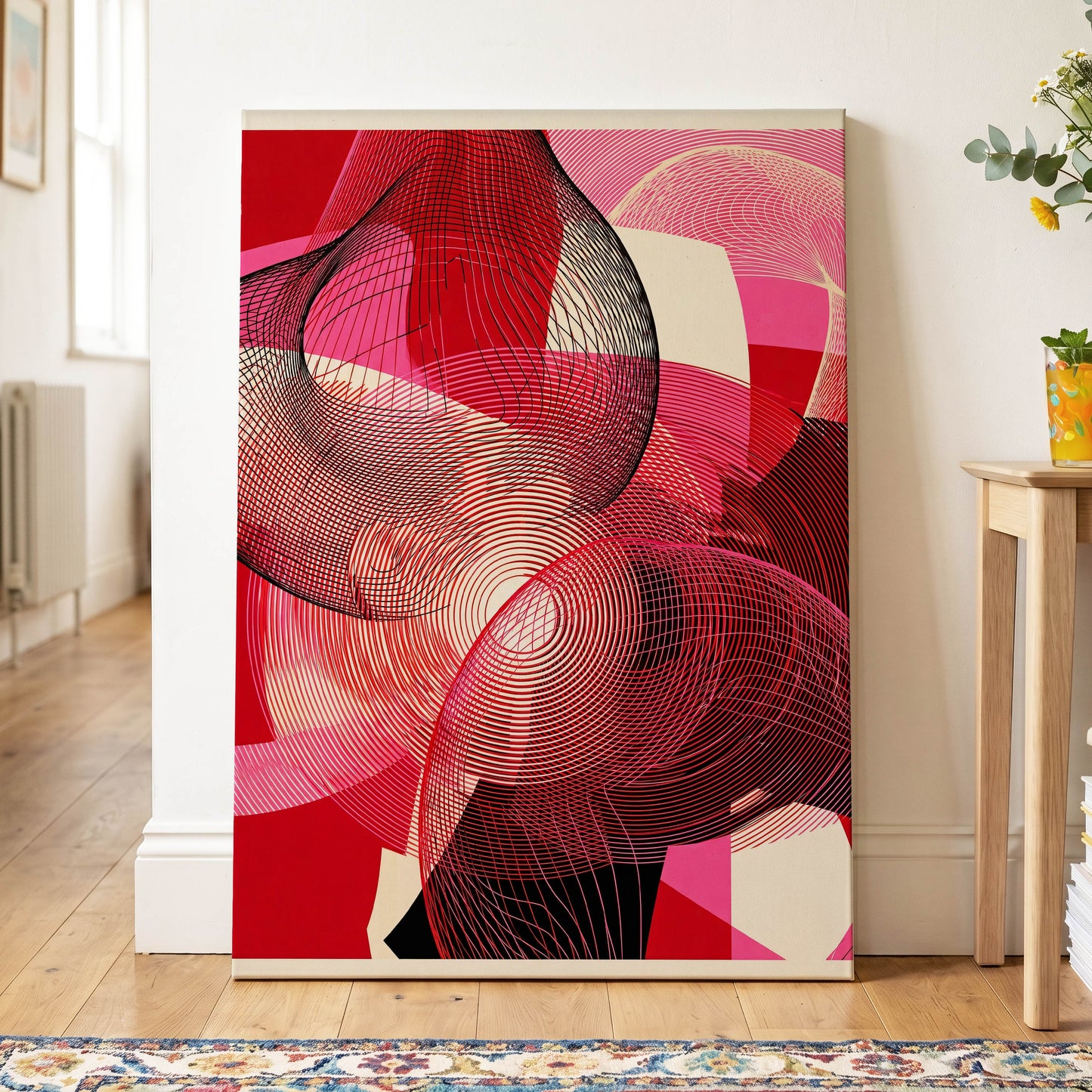 Crimson Frequencies, red, pink, black abstract wall art on canvas displayed in a styled interior, gallery view 2