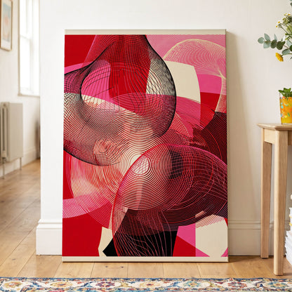 Crimson Frequencies, red, pink, black abstract wall art on canvas displayed in a styled interior, gallery view 2