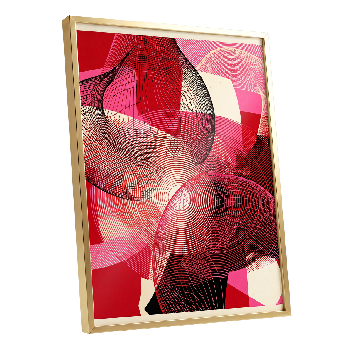 Crimson Frequencies, red, pink, black abstract wall art shown as a gold framed poster wall art print