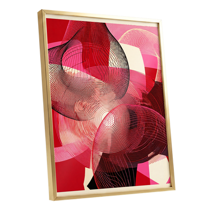 Crimson Frequencies, red, pink, black abstract wall art shown as a gold framed poster wall art print