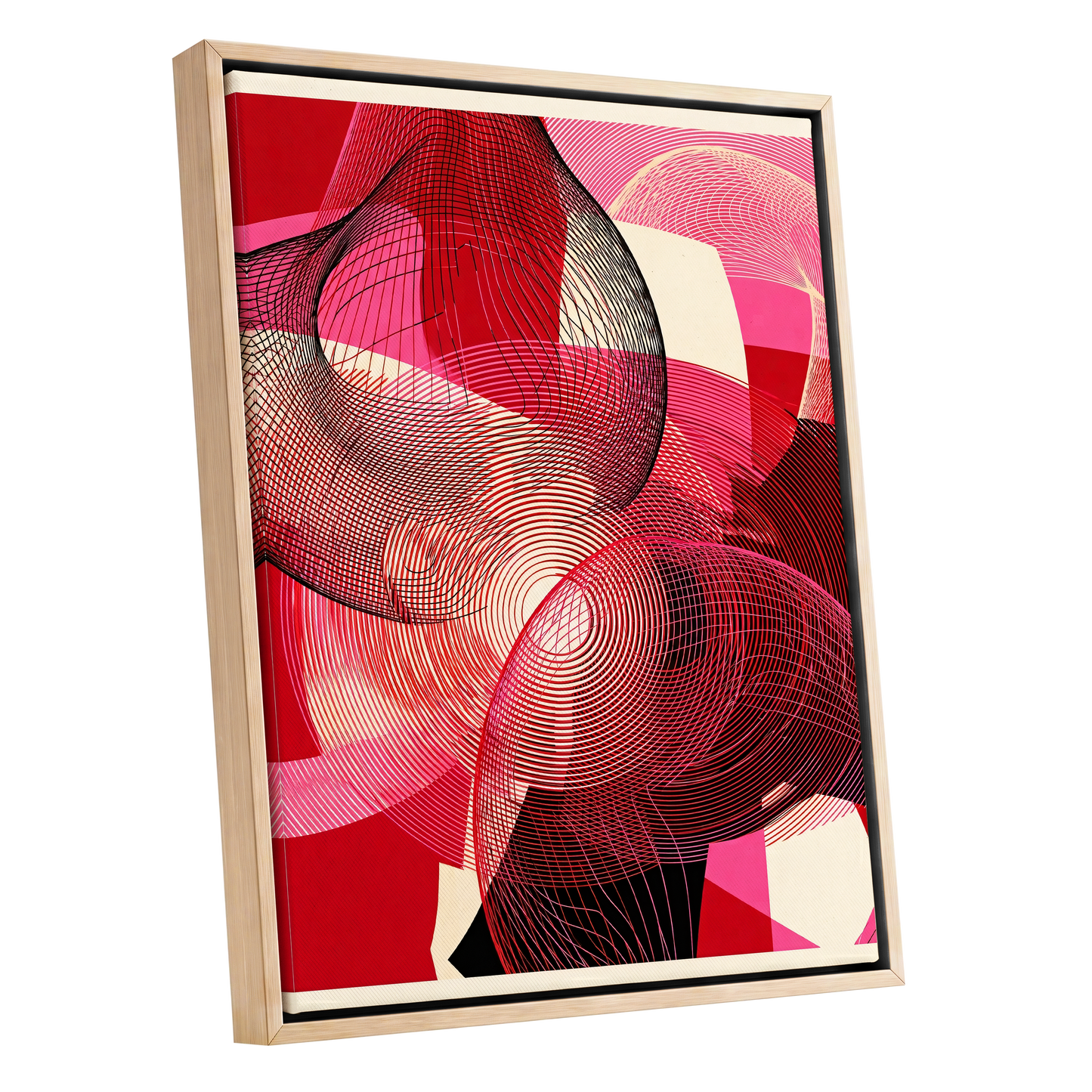 Crimson Frequencies, red, pink, black abstract wall art shown as a oak framed canvas wall art