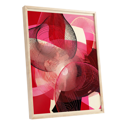 Crimson Frequencies, red, pink, black abstract wall art shown as a oak framed poster wall art print