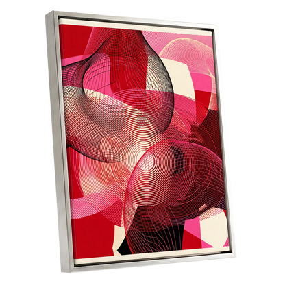 Crimson Frequencies, red, pink, black abstract wall art shown as a silver framed canvas wall art
