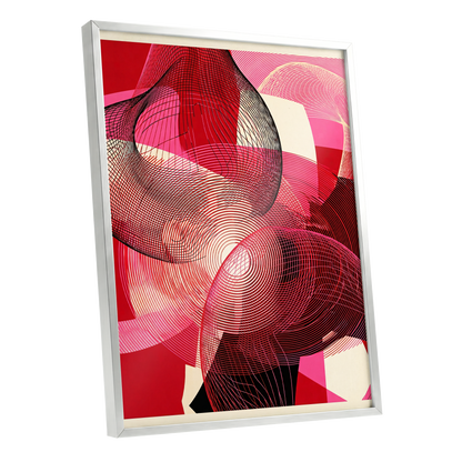 Crimson Frequencies, red, pink, black abstract wall art shown as a silver framed poster wall art print