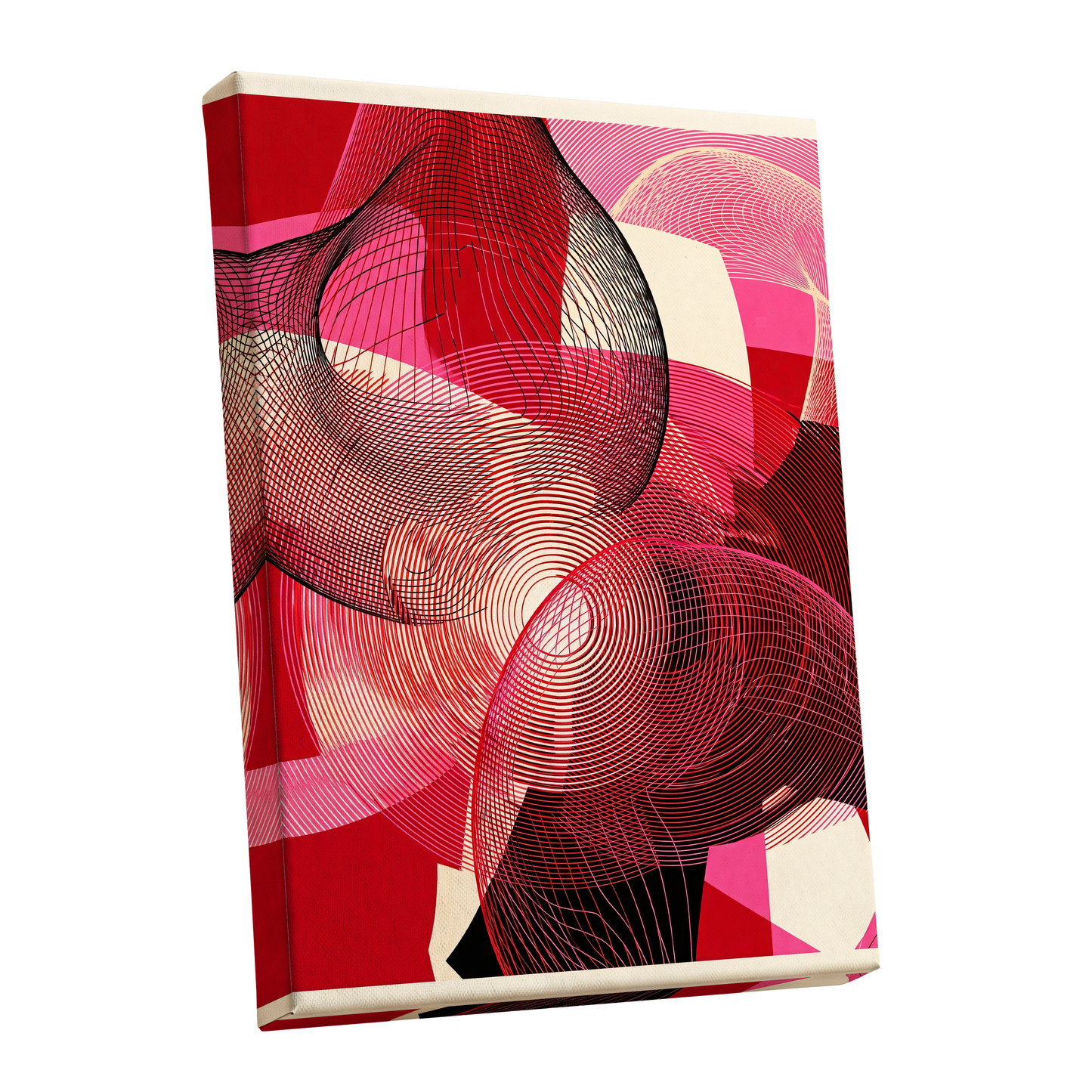Crimson Frequencies, red, pink, black abstract wall art shown as a stretched canvas wall art