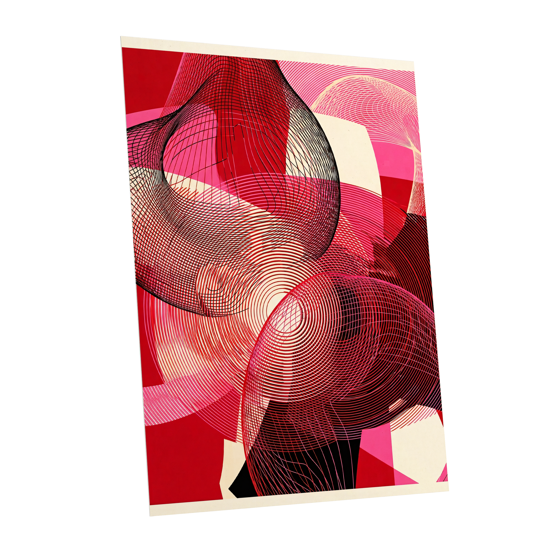 Crimson Frequencies, red, pink, black abstract wall art shown as a unframed poster wall art print