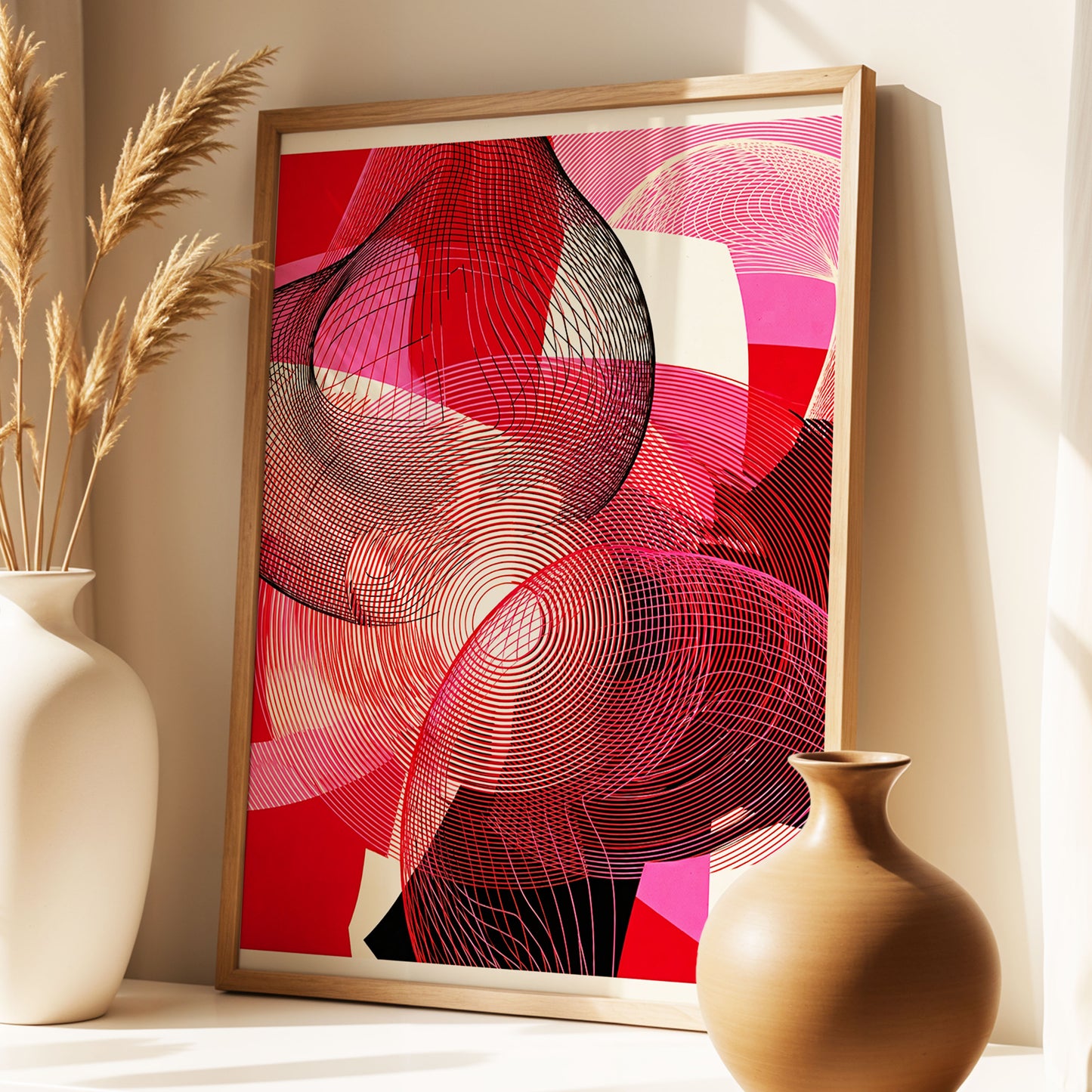 Crimson Frequencies, red, pink, black abstract wall art displayed in a styled interior, gallery view 1
