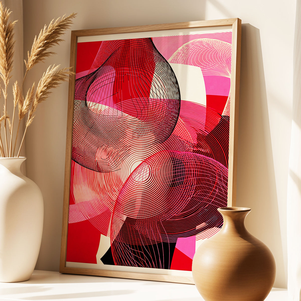 Crimson Frequencies, red, pink, black abstract wall art displayed in a styled interior, gallery view 1