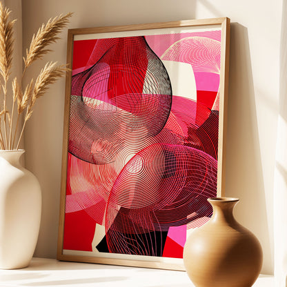 Crimson Frequencies, red, pink, black abstract wall art displayed in a styled interior, gallery view 1