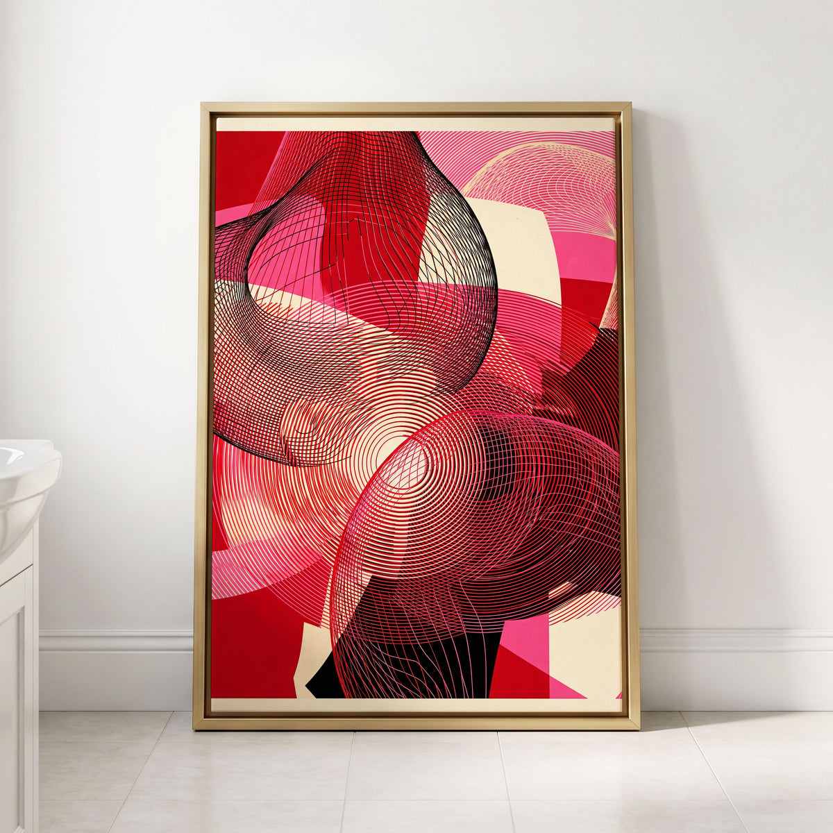 Crimson Frequencies, red, pink, black abstract wall art displayed in a styled interior, gallery view 2
