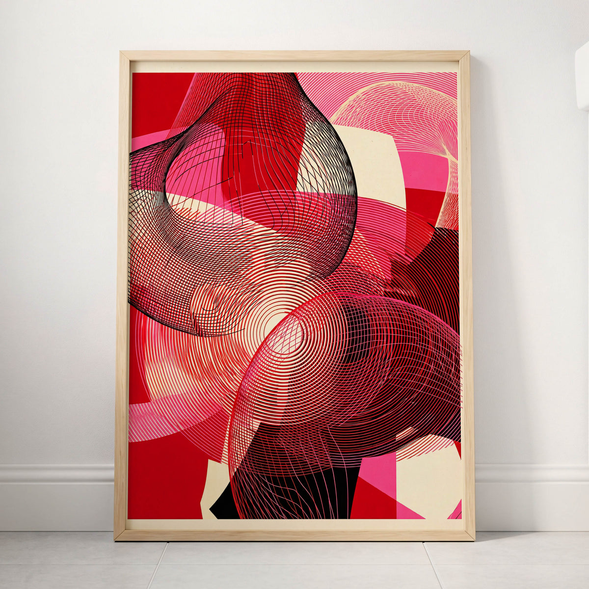 Crimson Frequencies, red, pink, black abstract wall art displayed in a styled interior, gallery view 3