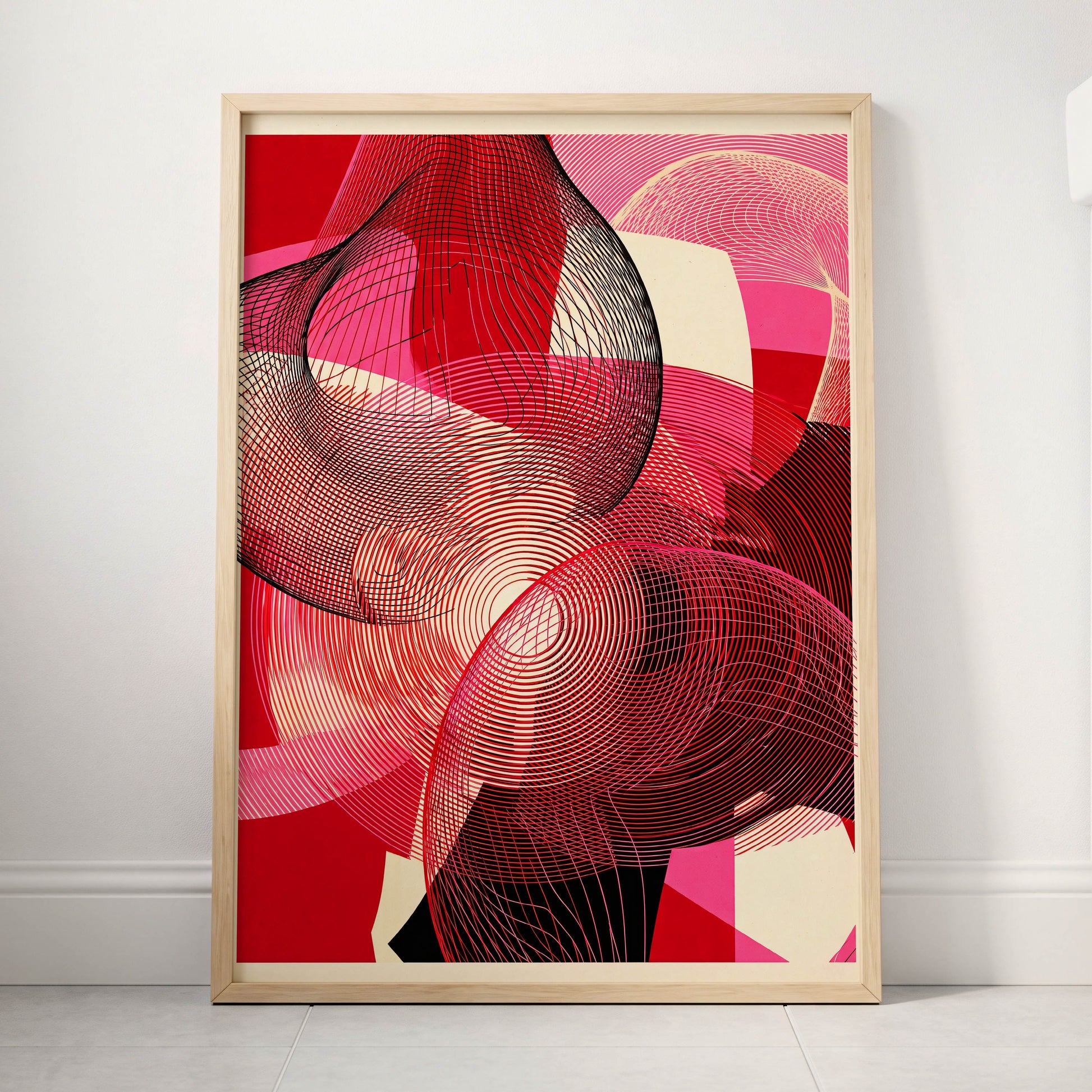 Crimson Frequencies, red, pink, black abstract wall art displayed in a styled interior, gallery view 3