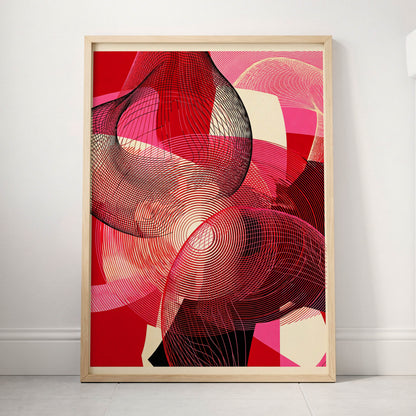 Crimson Frequencies, red, pink, black abstract wall art displayed in a styled interior, gallery view 3