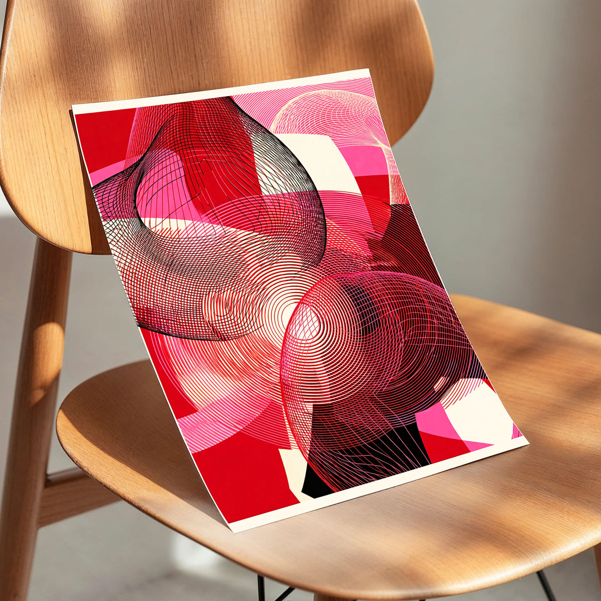 Crimson Frequencies, red, pink, black abstract wall art displayed in a styled interior, gallery view 4